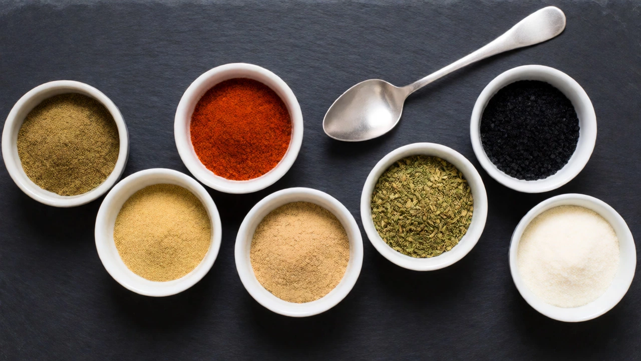 Seven small bowls of various ground spices arranged for making a homemade tandoori substitute.