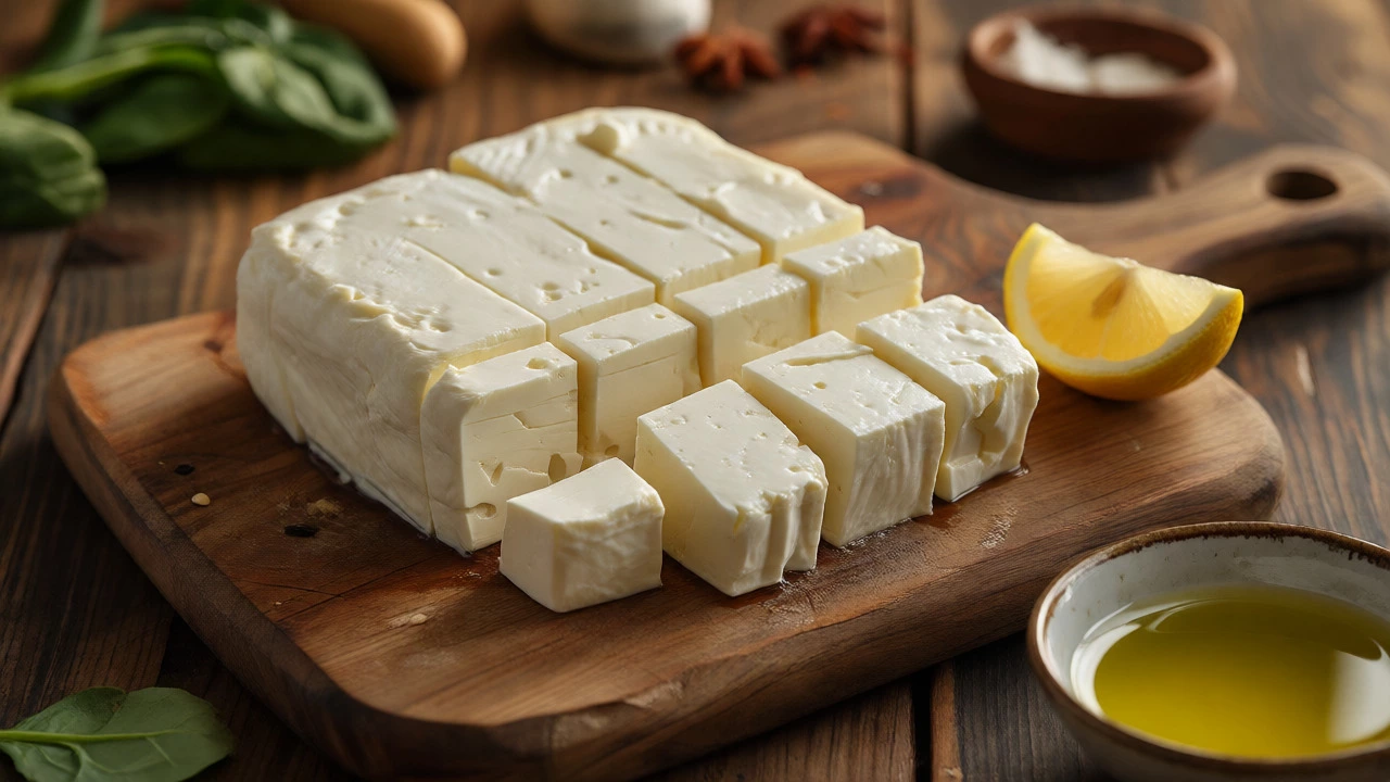 Sliced homemade paneer cubes on a wooden board next to lemon and whey.