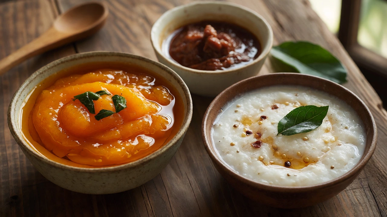 Three bowls of mango, tamarind, and coconut chutney arranged on a wooden table