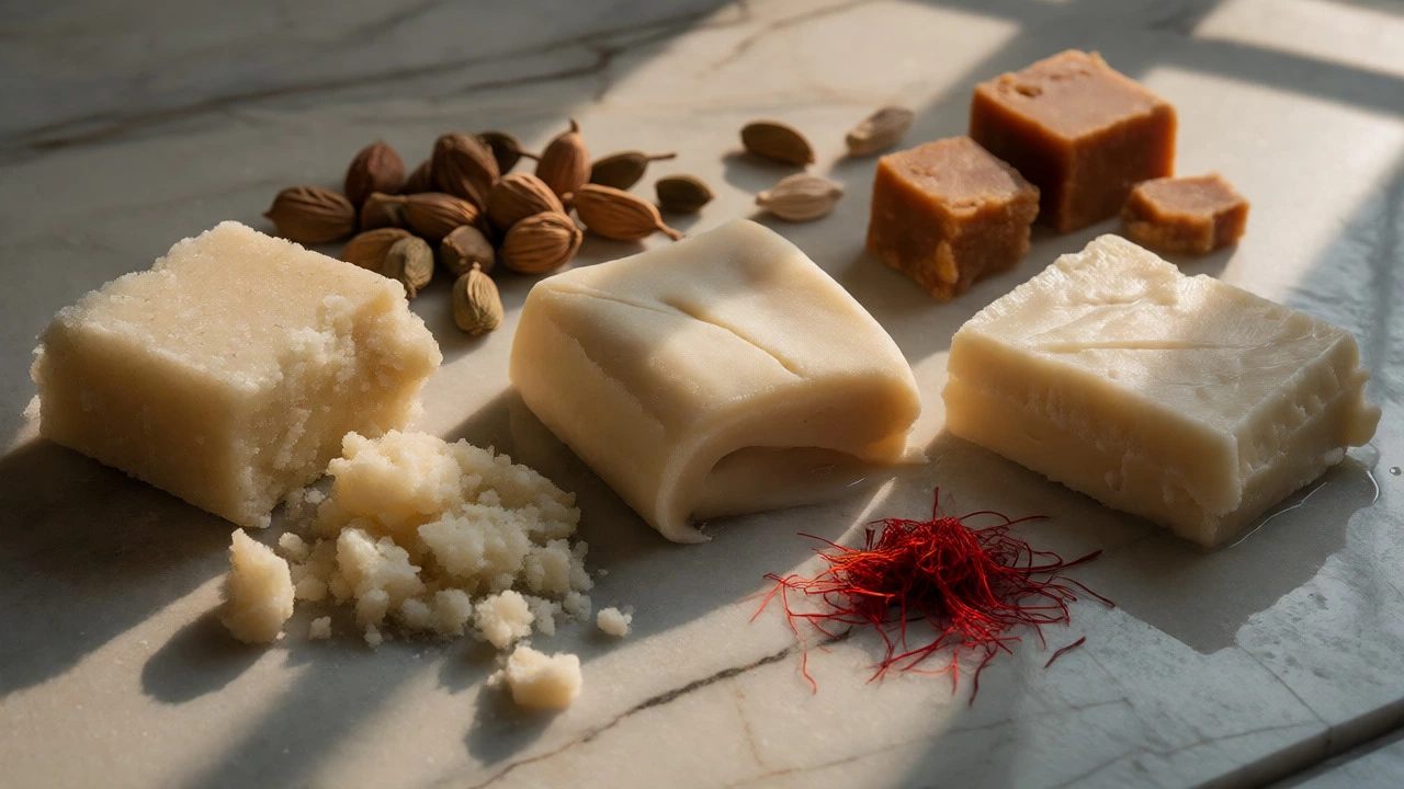 Three types of khoya textures displayed with spices like cardamom and saffron on marble.