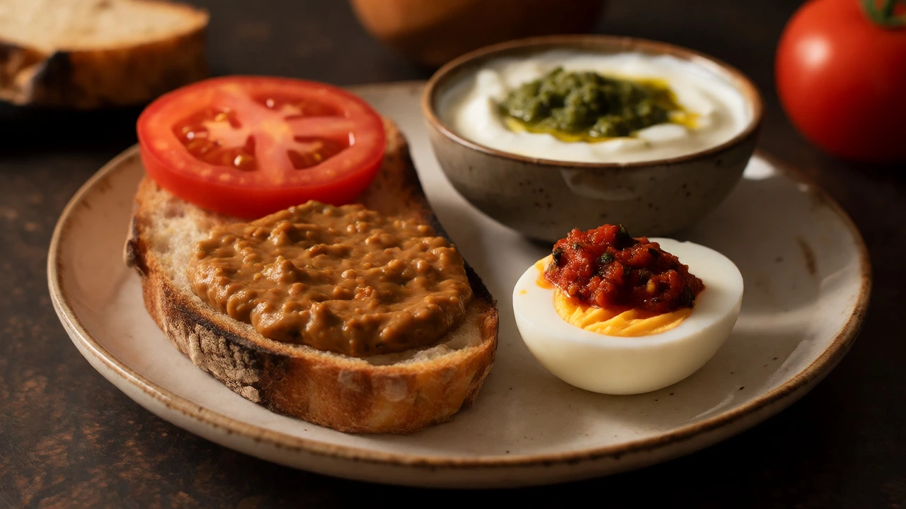Toast with peanut chutney, an egg with red chutney, and yogurt dip on a plate