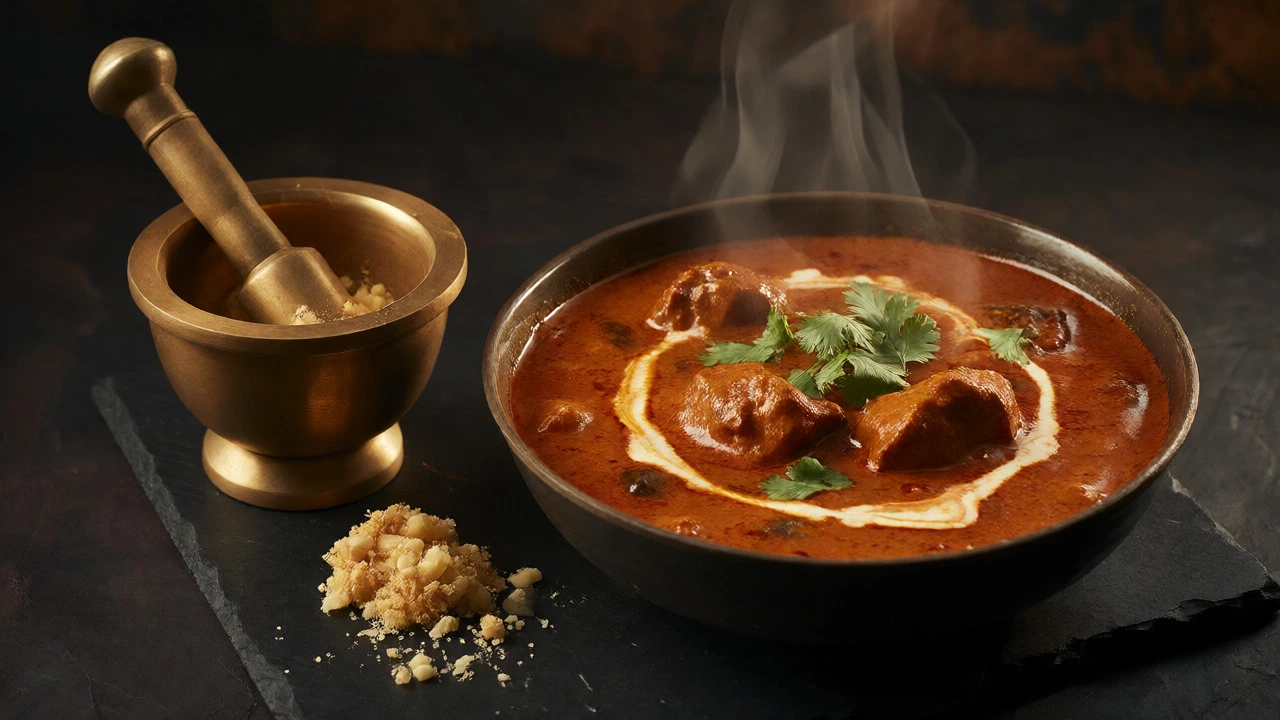 A steaming bowl of rich butter chicken next to fresh ginger and garlic in a mortar.