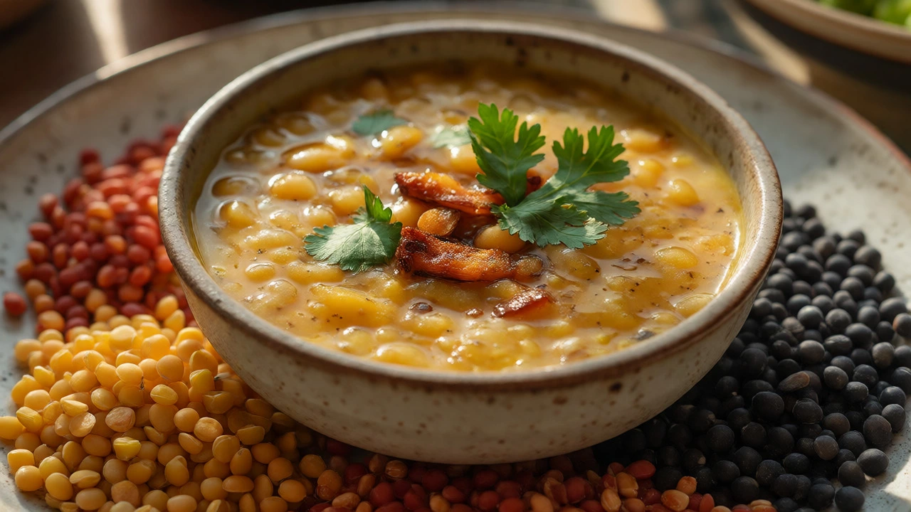 Bowl of creamy lentil dal surrounded by various colorful raw pulses.