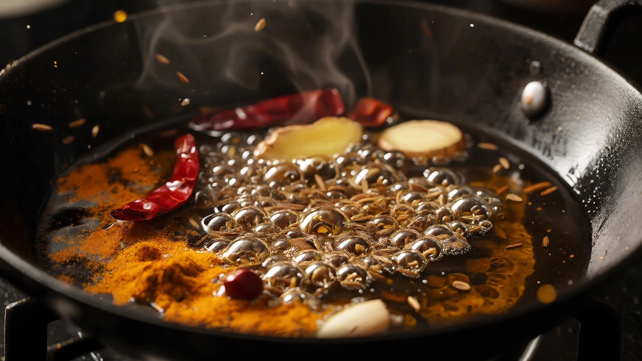 Close-up of sizzling spices including turmeric, cumin, and chili in hot oil during tadka tempering.