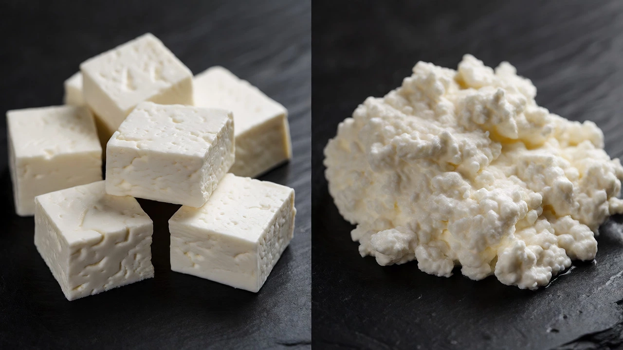 Comparison of firm paneer cubes and soft, grainy ricotta cheese side by side.