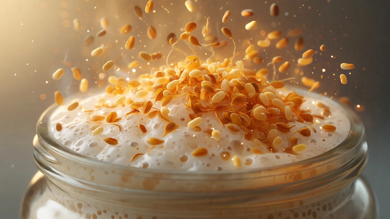 Conceptual visualization of yeast and bacteria fermenting dosa batter fueled by fenugreek.