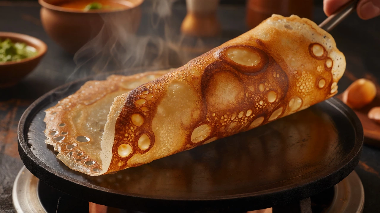 Crispy golden-brown dosa lifting off a hot tawa, showcasing perfect browning and texture.
