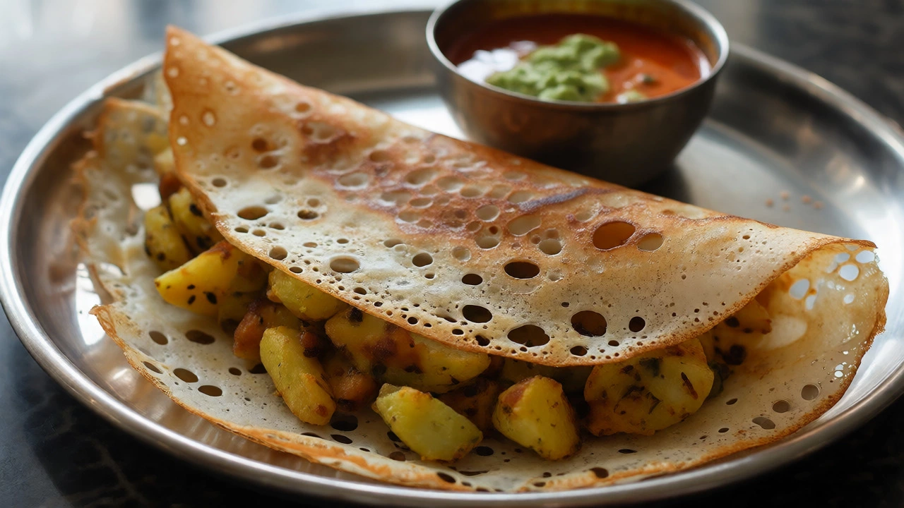 Crispy masala dosa folded with potato filling and chutney