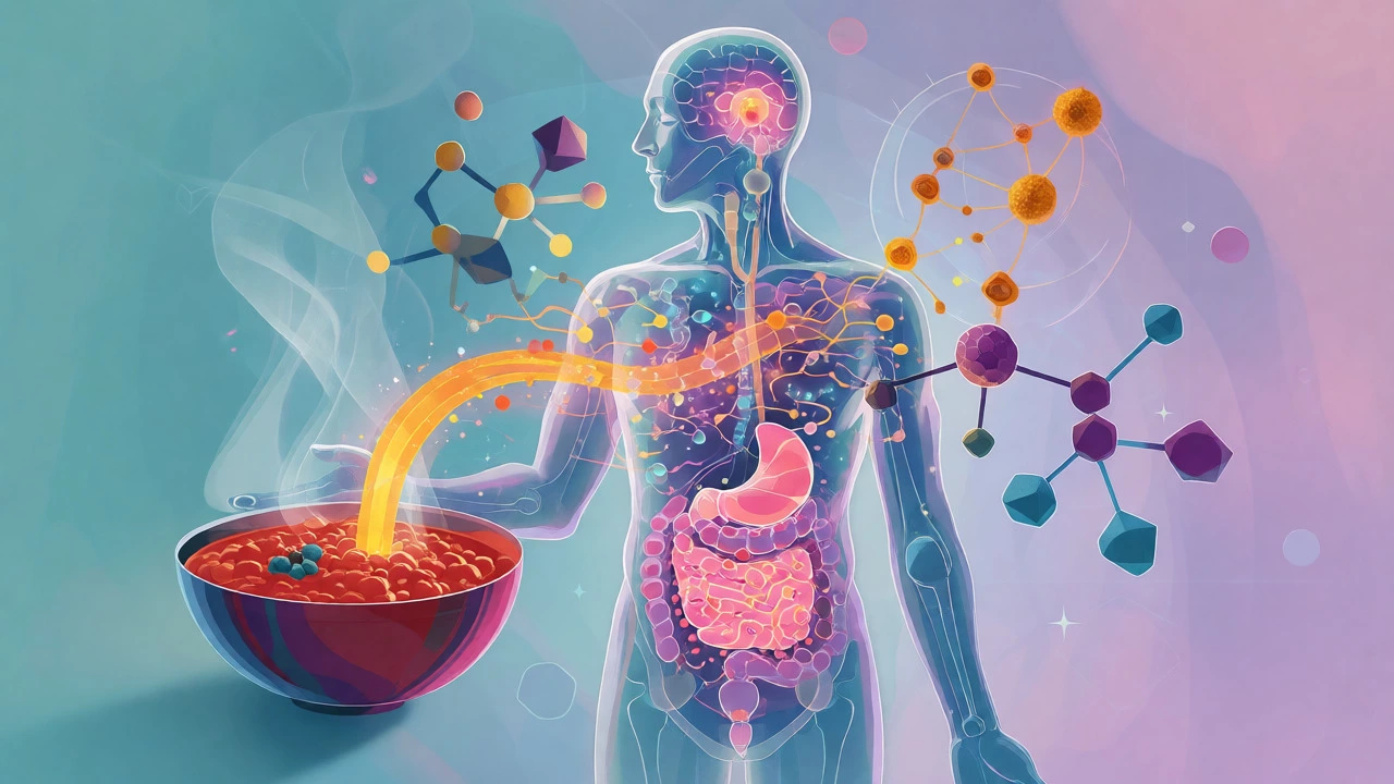 Digital illustration showing a human silhouette with a healthy gut connected to a bowl of dal.