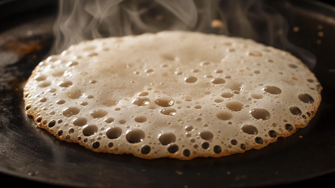 Dosa batter spreading on a hot griddle with rising steam