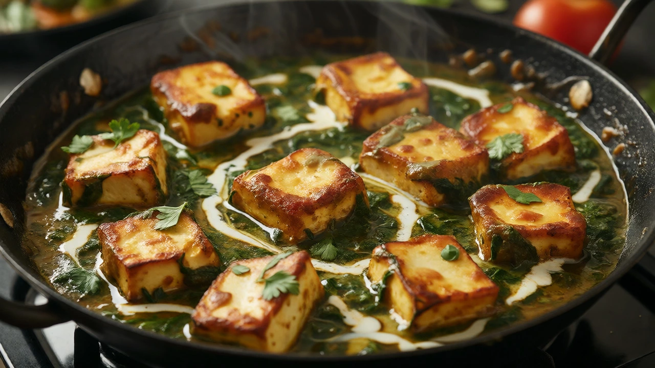 Golden paneer cubes in creamy green spinach curry, holding their shape.