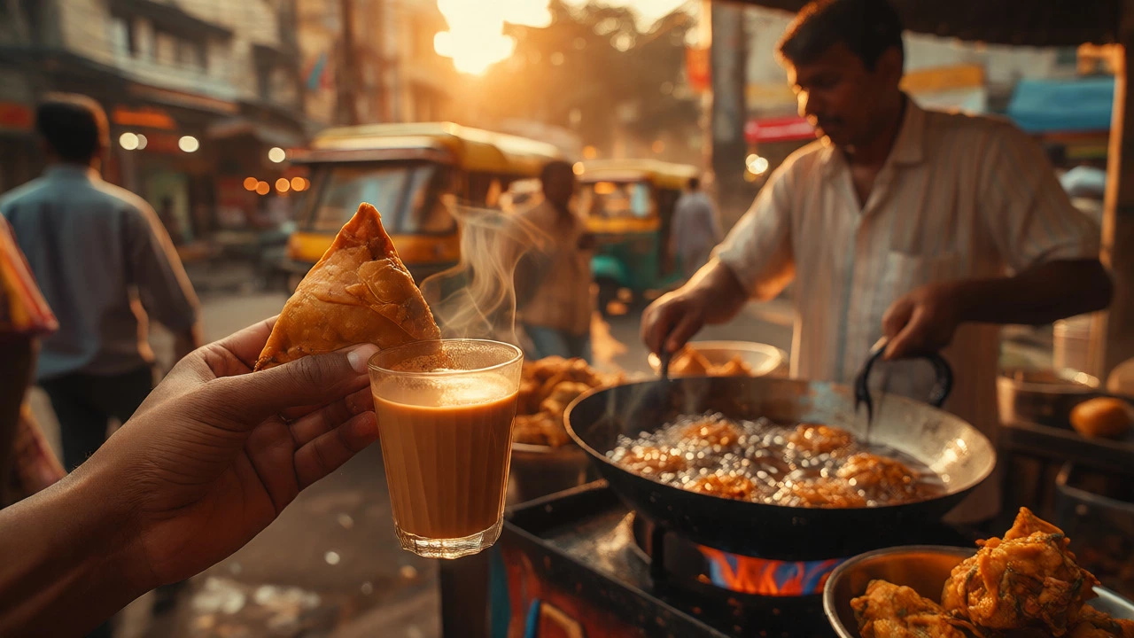 Hand holding a samosa and cup of chai near a street food stall.