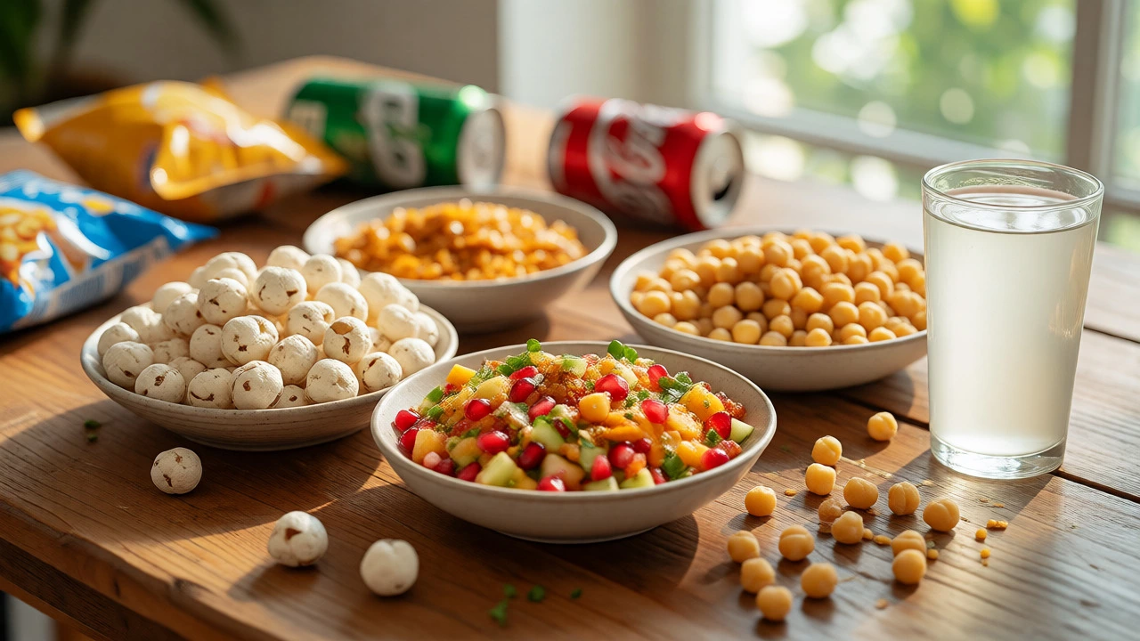 Healthy Indian snacks like makhana and fruit chaat on a wooden table.