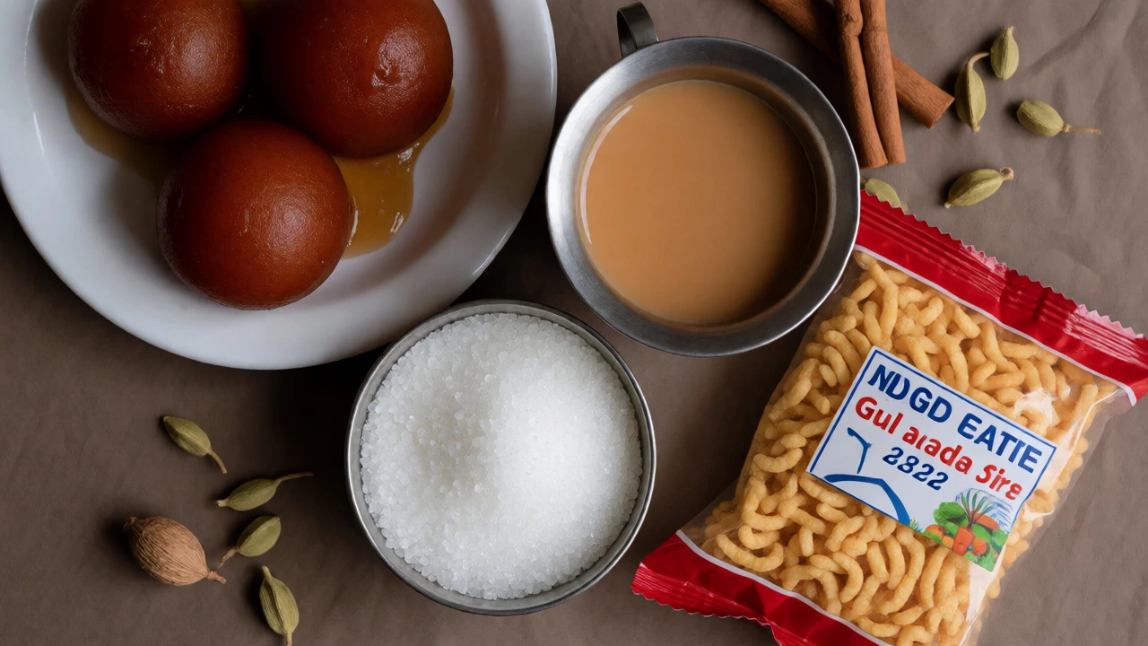 Indian tea, Gulab Jamun, and sugar arranged on a table.