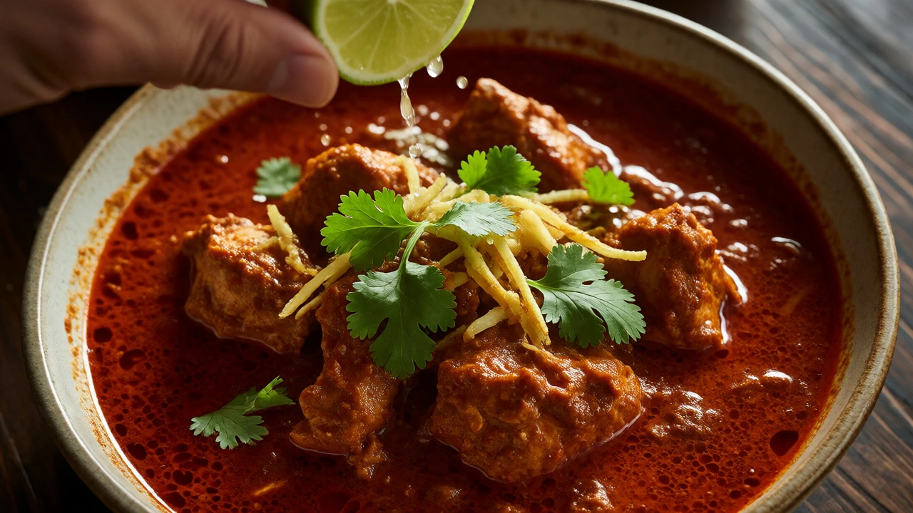 Lime juice being squeezed over a rich chicken curry garnished with cilantro and ginger