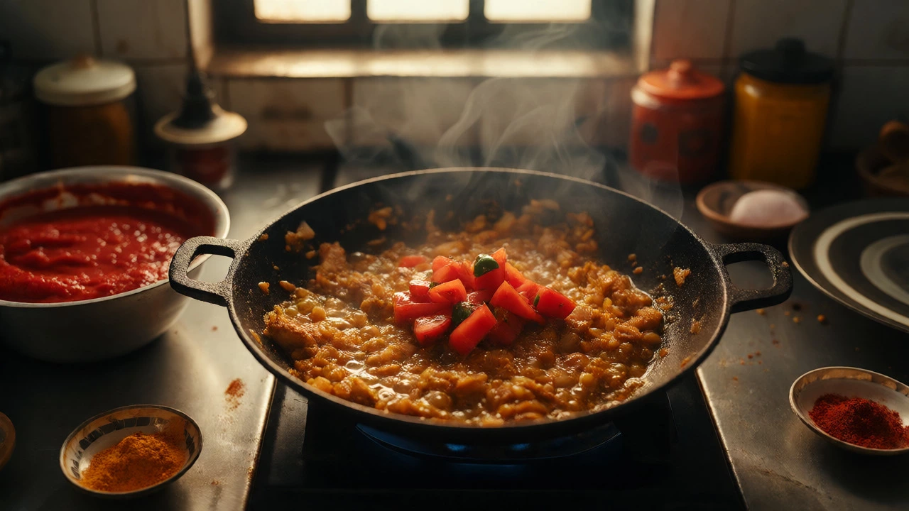 Overhead view of tomatoes being added to an onion-garlic-ginger base for chicken curry.